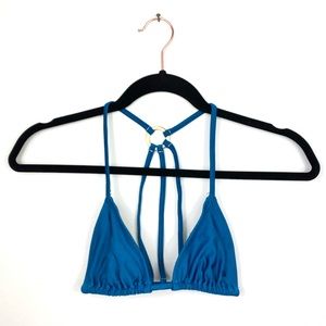 Salt Swimwear Deep Blue Green Teal Gold Triangle Clasp Strappy Back Bikini Top